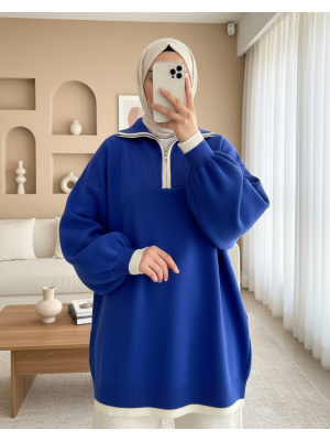 Yarım Fermuarlı Boğazlı Triko Tunik -Saks