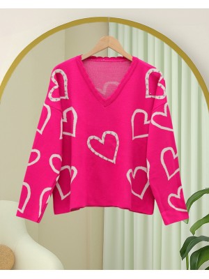 V Yaka Taşlı Triko Kazak -Fuşya