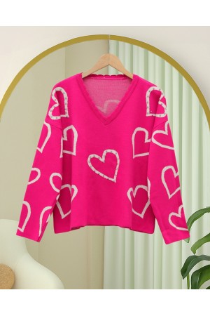 V Yaka Taşlı Triko Kazak -Fuşya