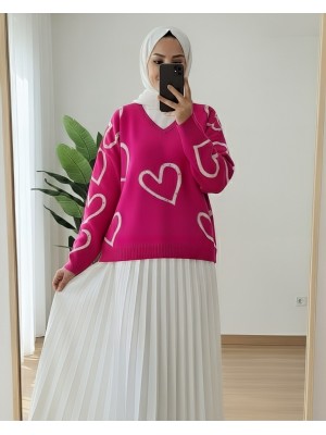 V Yaka Taşlı Triko Kazak -Fuşya