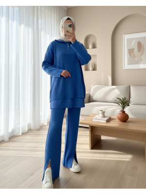 Yarım Boğazlı Fitilli Triko Takım -Mavi