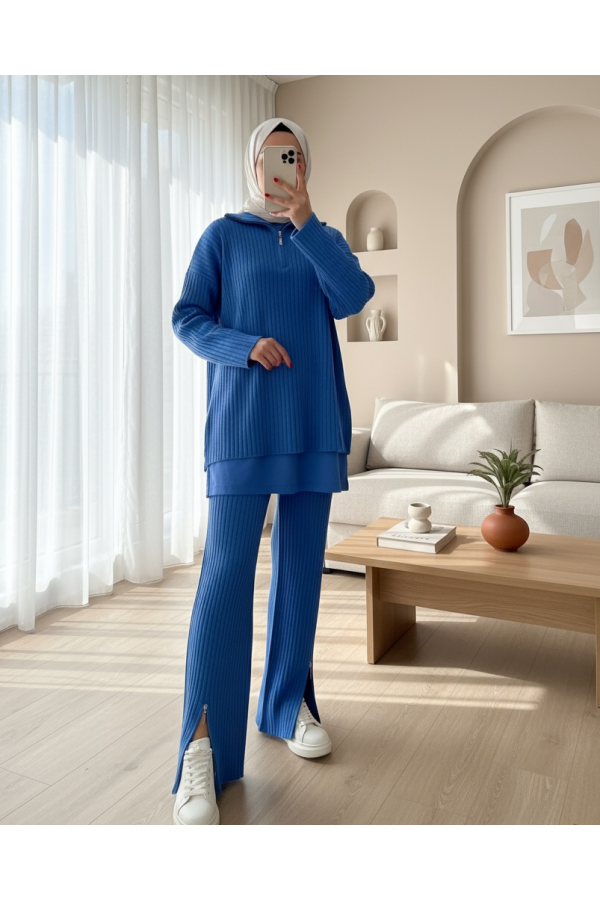Yarım Boğazlı Fitilli Triko Takım -Mavi