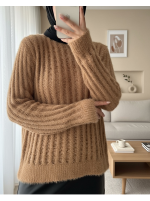 Patikka Örgü Yumuşak Puf Kazak -Tarçın