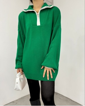 Yarım Fermuarlı Boğazlı Triko Tunik  -Yeşil