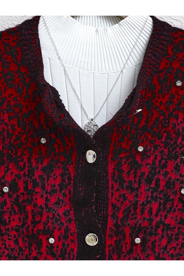 Soft Cardigan with Metal Buttons and Stone Detail -Red