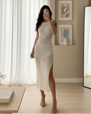 Merserize Şerit  Yırtmaçlı Triko Elbise -Ekru