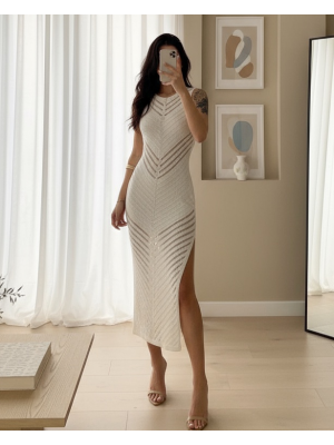 Mercerized Stripe Slit Knitwear Dress -Ecru
