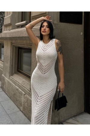 فستان تريكو مخطط بفتحة مرسيريزد -أبيض سكري