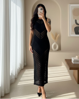 Mercerized Stripe Slit Knitwear Dress -Black