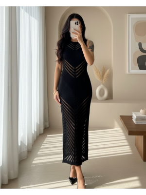 Mercerized Stripe Slit Knitwear Dress -Black