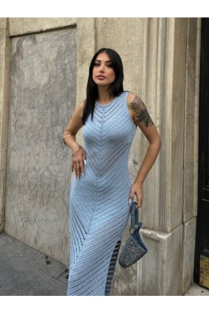 Merserize Şerit  Yırtmaçlı Triko Elbise  -Bebe Mavi