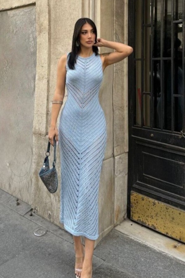 Mercerized Stripe Slit Knitwear Dress  -Baby Blue