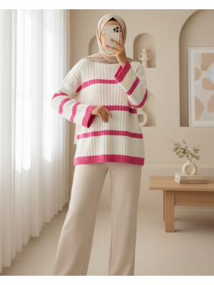 Salaş Kollu Çizgili Triko Kazak -Ekru
