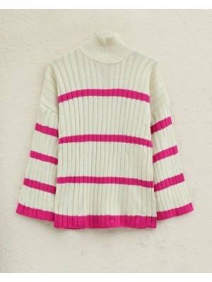 Salaş Kollu Çizgili Triko Kazak -Ekru