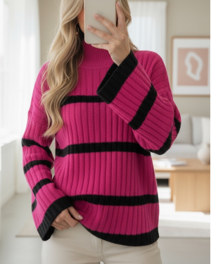 Salaş Kollu Çizgili Triko Kazak -Fuşya