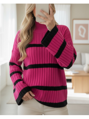 Salaş Kollu Çizgili Triko Kazak -Fuşya