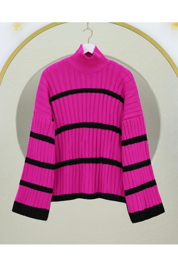 Loose Sleeve Striped Knitwear Sweater -Fuchsia