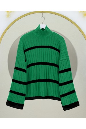 سترة تريكو مخططة بأكمام فضفاضة  -فورست جرين