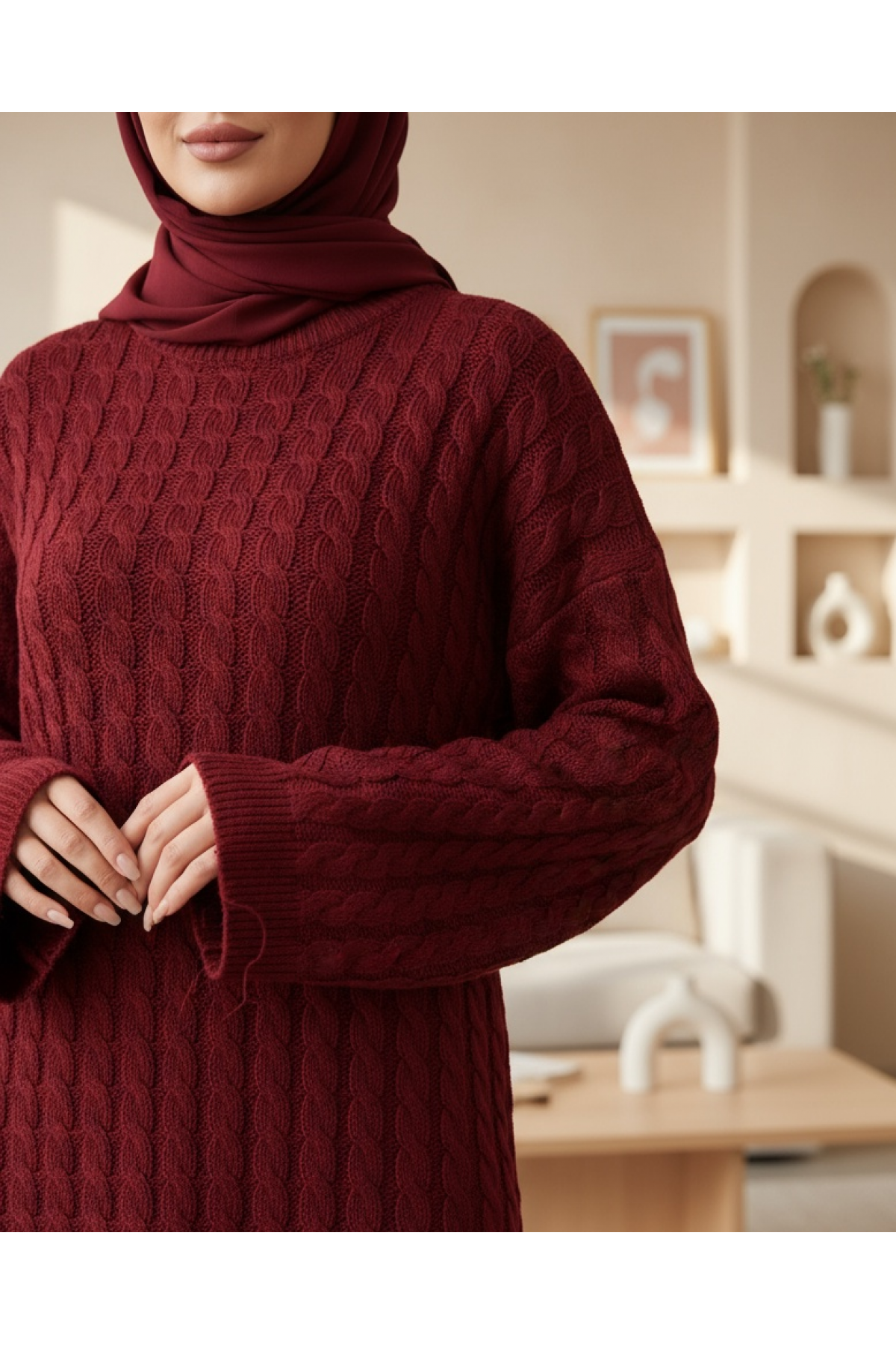 Hair Knit Sweater Dress -Maroon