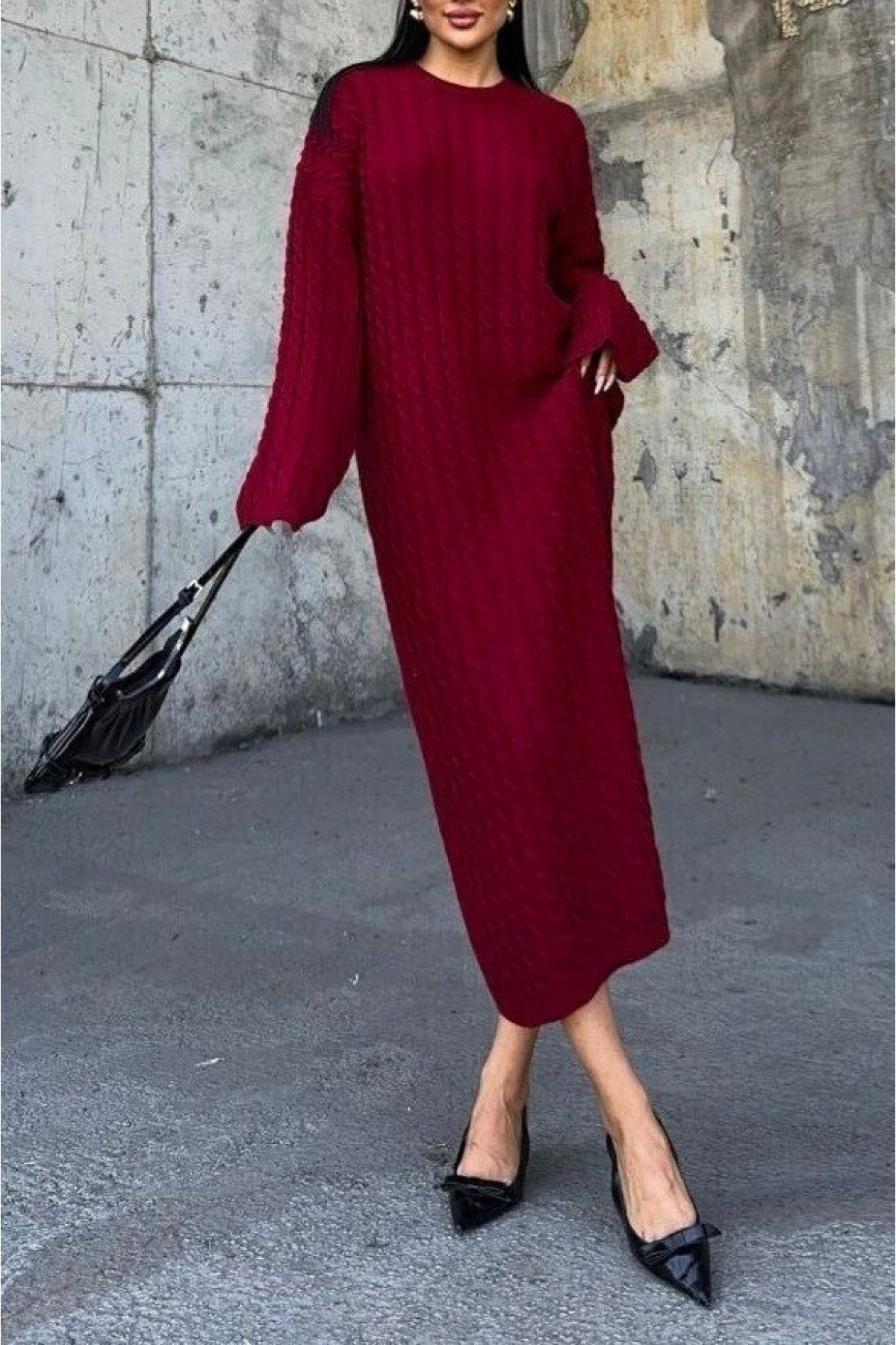 Hair Knit Sweater Dress -Maroon