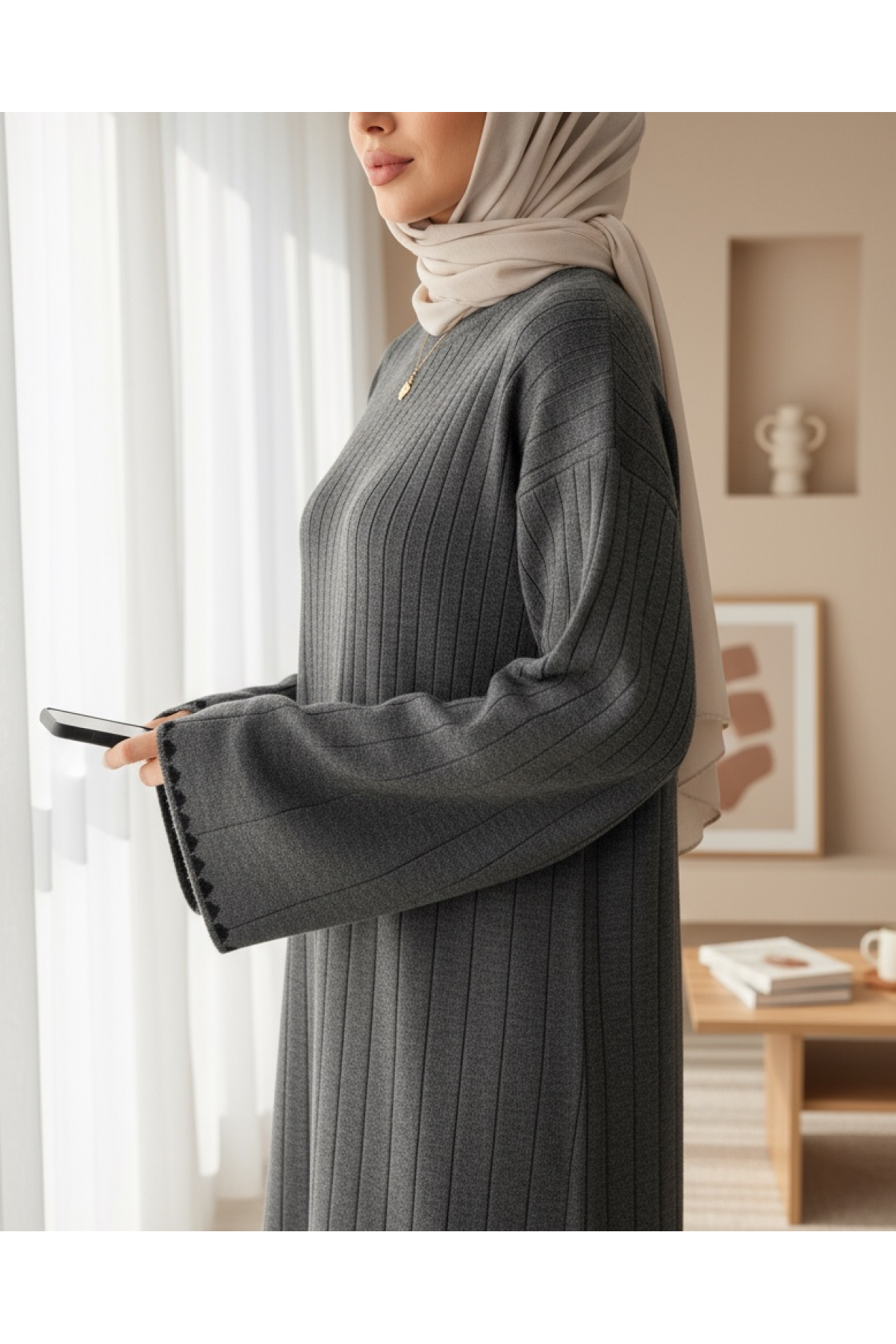 Long Ribbed Knit Dress -Grey