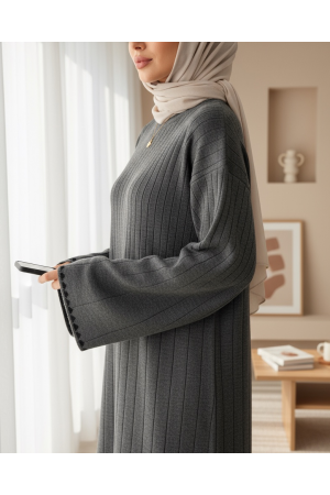 Fitilli Uzun Triko Elbise -Gri