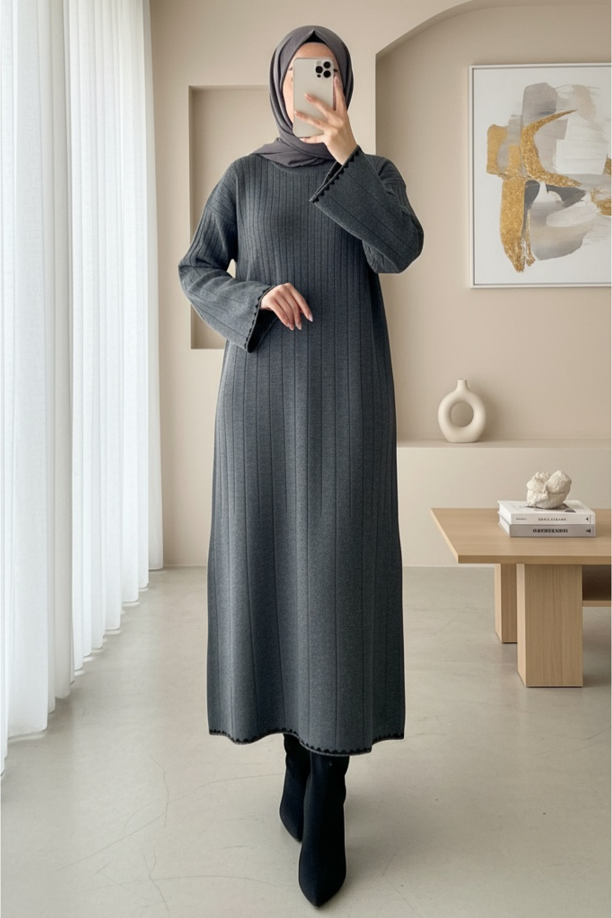 Long Ribbed Knit Dress -Grey