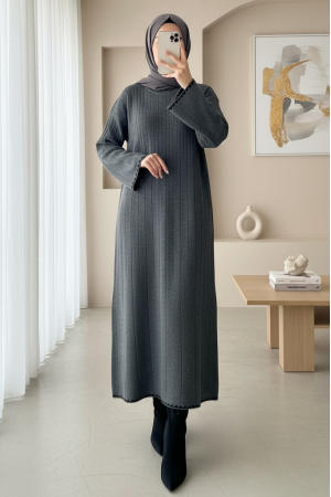 Fitilli Uzun Triko Elbise -Gri