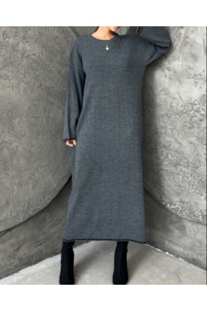 Fitilli Uzun Triko Elbise -Gri