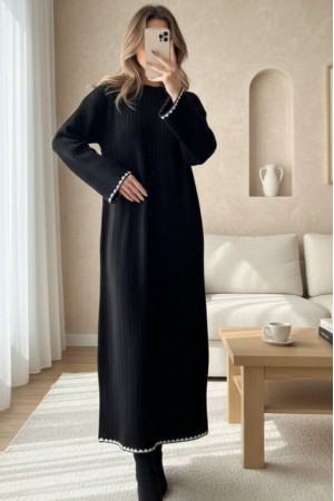 Fitilli Uzun Triko Elbise -Siyah