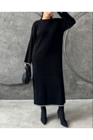 Fitilli Uzun Triko Elbise -Siyah