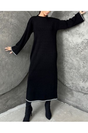 Fitilli Uzun Triko Elbise -Siyah