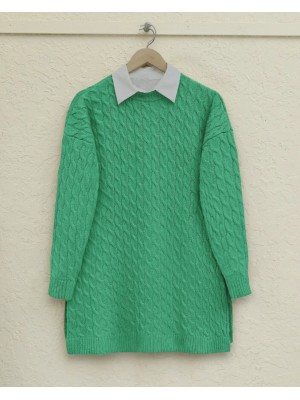 Yuvarlak Yaka Saç Örgü Yırtmaçlı Triko Tunik -Yeşil