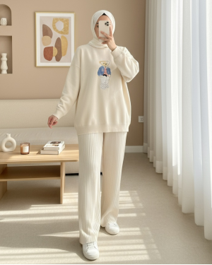 Teddy Bear Embroidered Long Back Knitted Sweater -Cream color