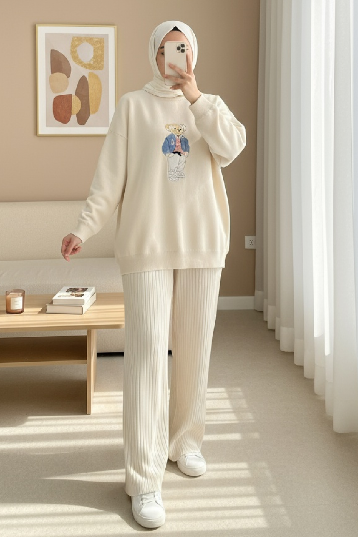 Teddy Bear Embroidered Long Back Knitted Sweater -Cream color