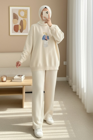 Teddy Bear Embroidered Long Back Knitted Sweater -Cream color