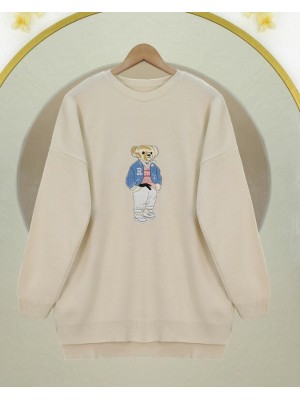 Ayıcık İşlemeli Arkası Uzun Triko Kazak -Krem