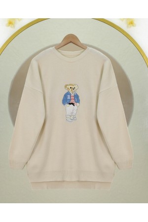 Teddy Bear Embroidered Long Back Knitted Sweater -Cream color