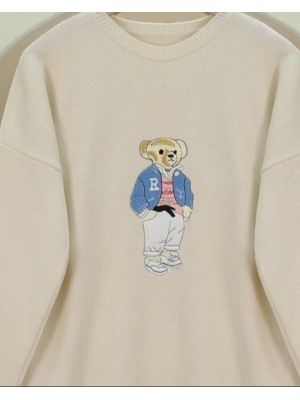 Ayıcık İşlemeli Arkası Uzun Triko Kazak -Krem