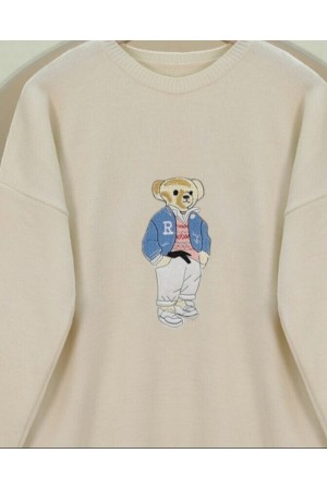 Teddy Bear Embroidered Long Back Knitted Sweater -Cream color
