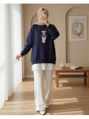 Ayıcık İşlemeli Arkası Uzun Triko Kazak -Laci