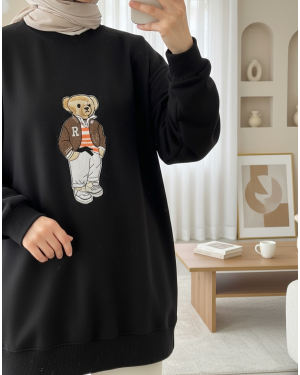 Teddy Bear Embroidered Long Back Knitted Sweater -Black