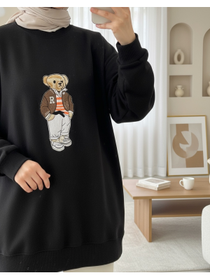 Ayıcık İşlemeli Arkası Uzun Triko Kazak -Siyah