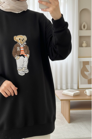 Teddy Bear Embroidered Long Back Knitted Sweater -Black