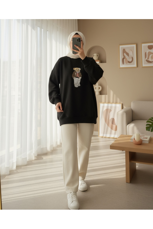 Teddy Bear Embroidered Long Back Knitted Sweater -Black