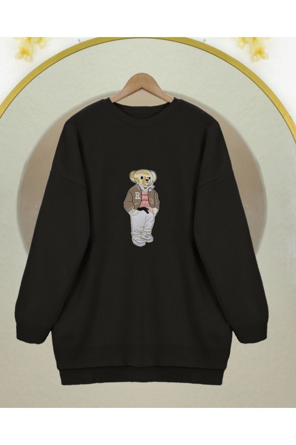 Teddy Bear Embroidered Long Back Knitted Sweater -Black