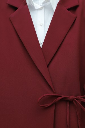 Yandan Bağcıklı Arkası Yırtmaçlı Astarlı Double Krep Ceket -Bordo