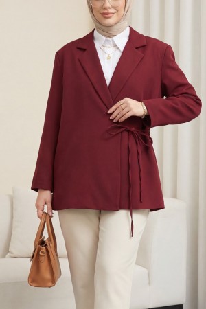 Yandan Bağcıklı Arkası Yırtmaçlı Astarlı Double Krep Ceket -Bordo