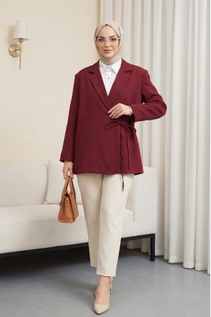 Yandan Bağcıklı Arkası Yırtmaçlı Astarlı Double Krep Ceket -Bordo