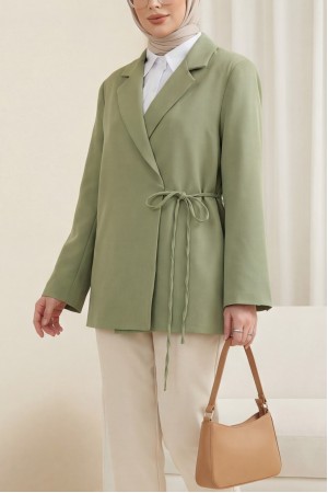 Yandan Bağcıklı Arkası Yırtmaçlı Astarlı Double Krep Ceket -Çağla Y.